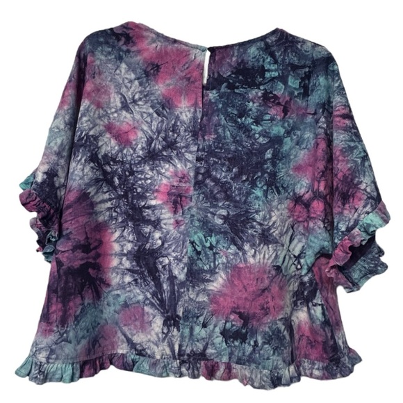 C&C California linen blend Colorful Tie-Dye Ruffle Hem Top - Picture 3 of 5